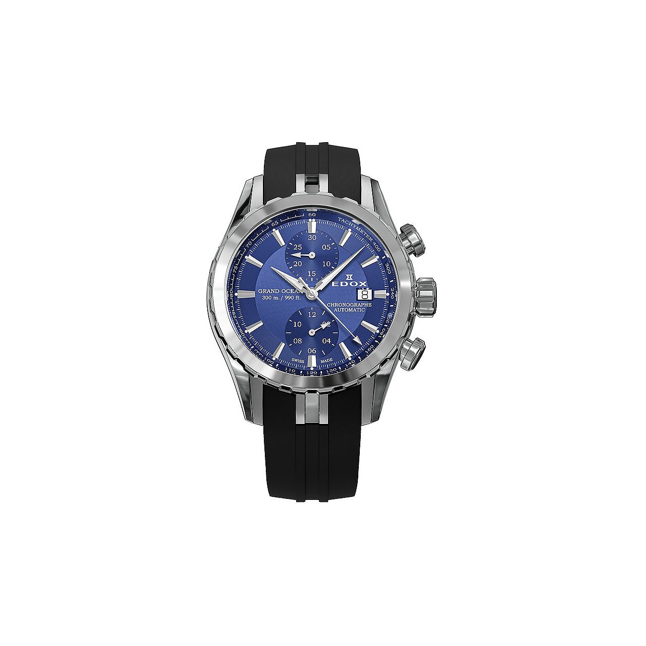 Edox Herrenuhr aus Edelstahl und Aluminium mit blauem Zifferblatt und schwarzem Band, frontal abgebildet.
