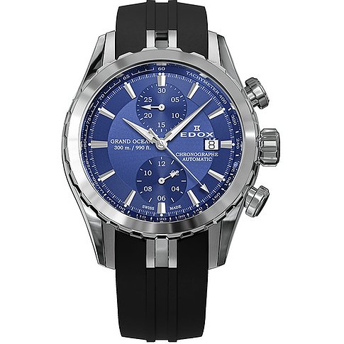 Edox Herrenuhr aus Edelstahl und Aluminium mit blauem Zifferblatt und schwarzem Band, frontal abgebildet.