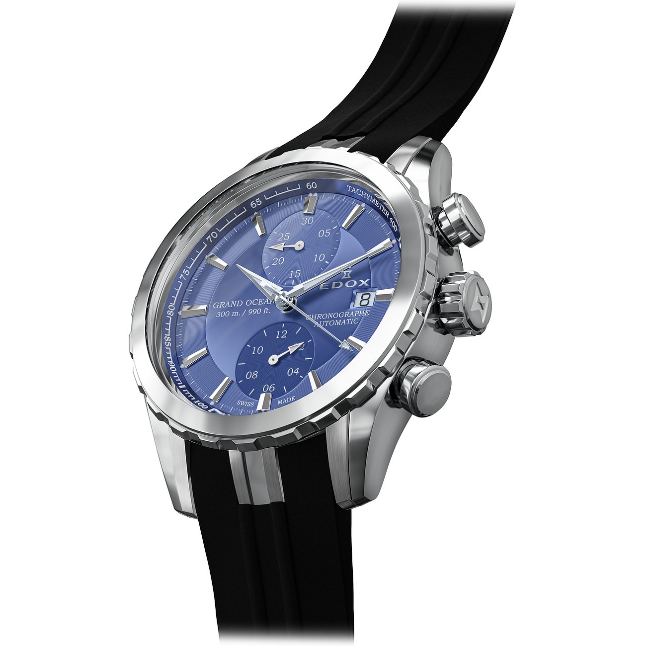 Die Edox Herrenuhr aus Edelstahl und Aluminium zeigt ein blaues Zifferblatt mit Datumsanzeige und Tachymeter.