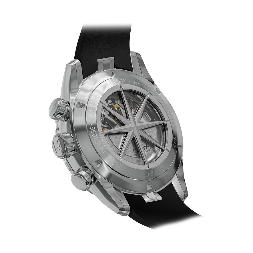 Rückansicht der Edox Herrenuhr aus Edelstahl und Aluminium mit Kompassrose und sichtbarem Uhrwerk.