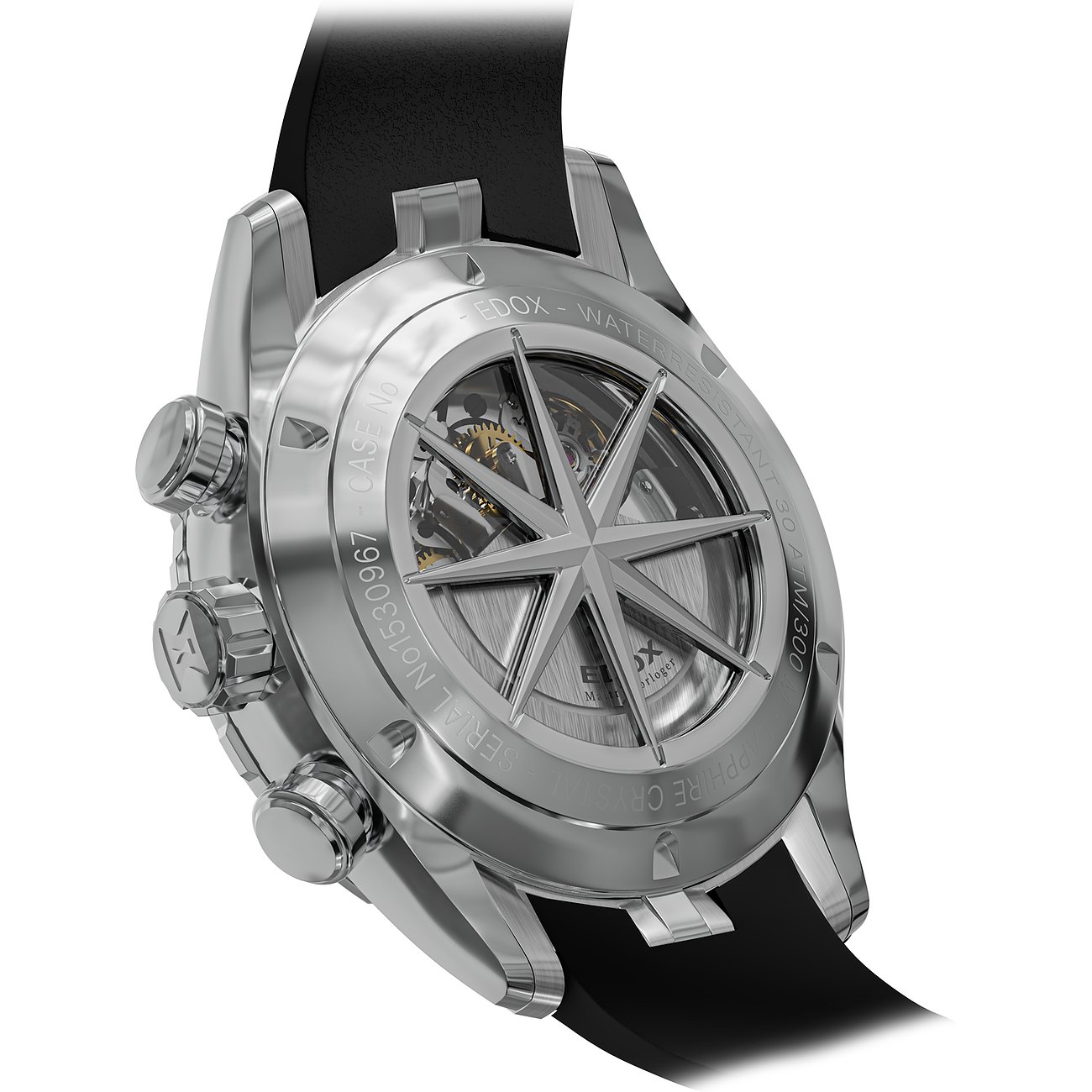 Rückansicht der Edox Herrenuhr aus Edelstahl und Aluminium mit Kompassrose und sichtbarem Uhrwerk.