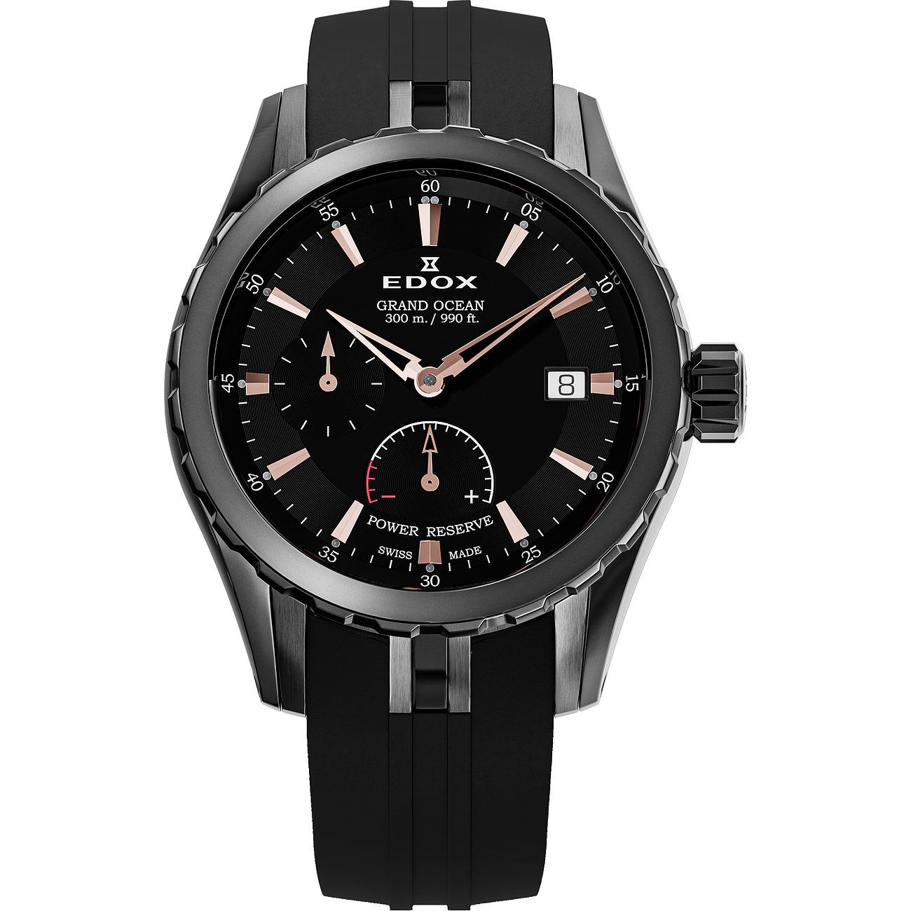 Edox Grand Ocean Herrenuhr aus schwarzem Edelstahl mit schwarzem Zifferblatt, rosenfarbenen Zeigern und Kautschukarmband.
