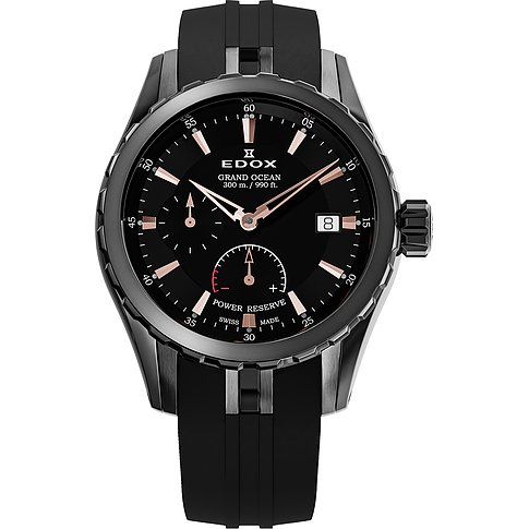 Edox Grand Ocean Herrenuhr aus schwarzem Edelstahl mit schwarzem Zifferblatt, rosenfarbenen Zeigern und Kautschukarmband.