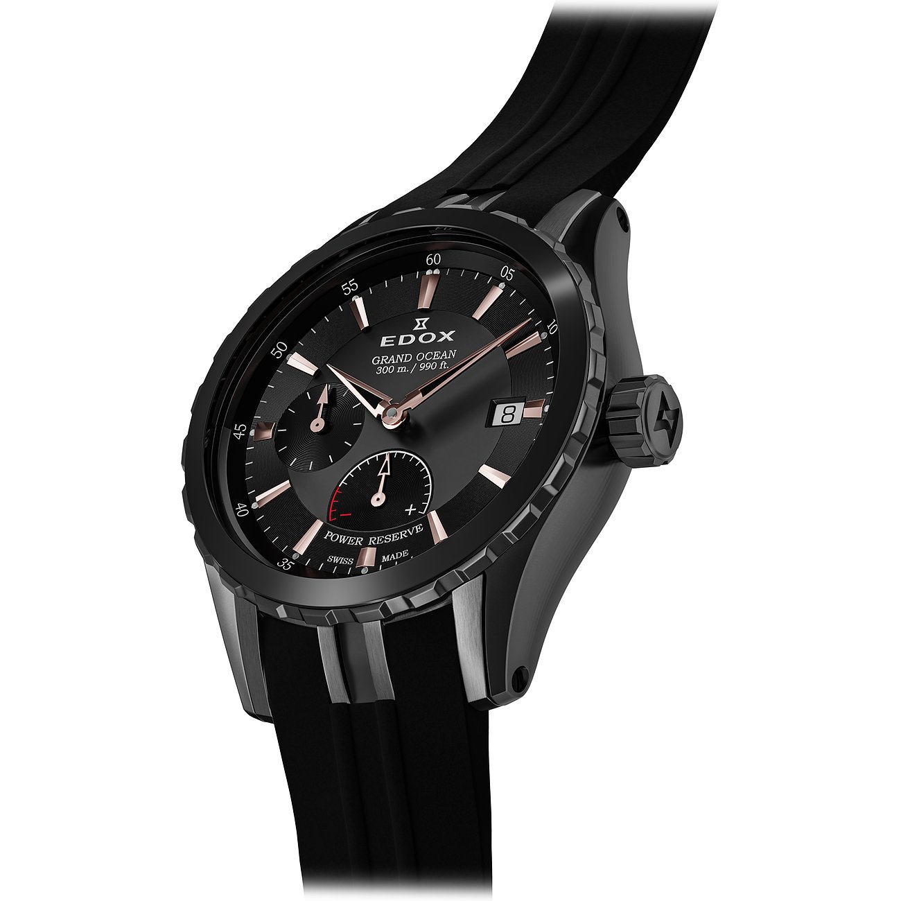 Eine schwarze Edox Herrenuhr aus Edelstahl und Aluminium, mit einem schwarzen Zifferblatt in der Seitenansicht.