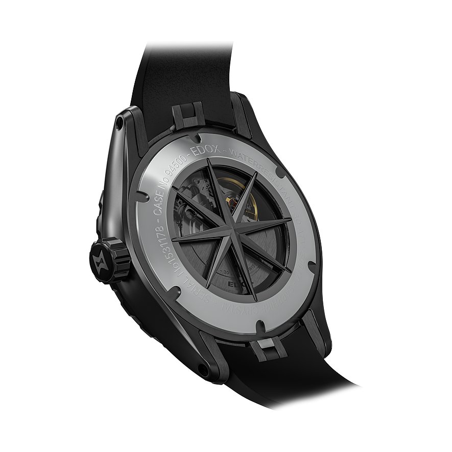 Die Rückseite einer Edox Herrenuhr aus Edelstahl und Aluminium mit Kompassrose und sichtbarem Uhrwerk.