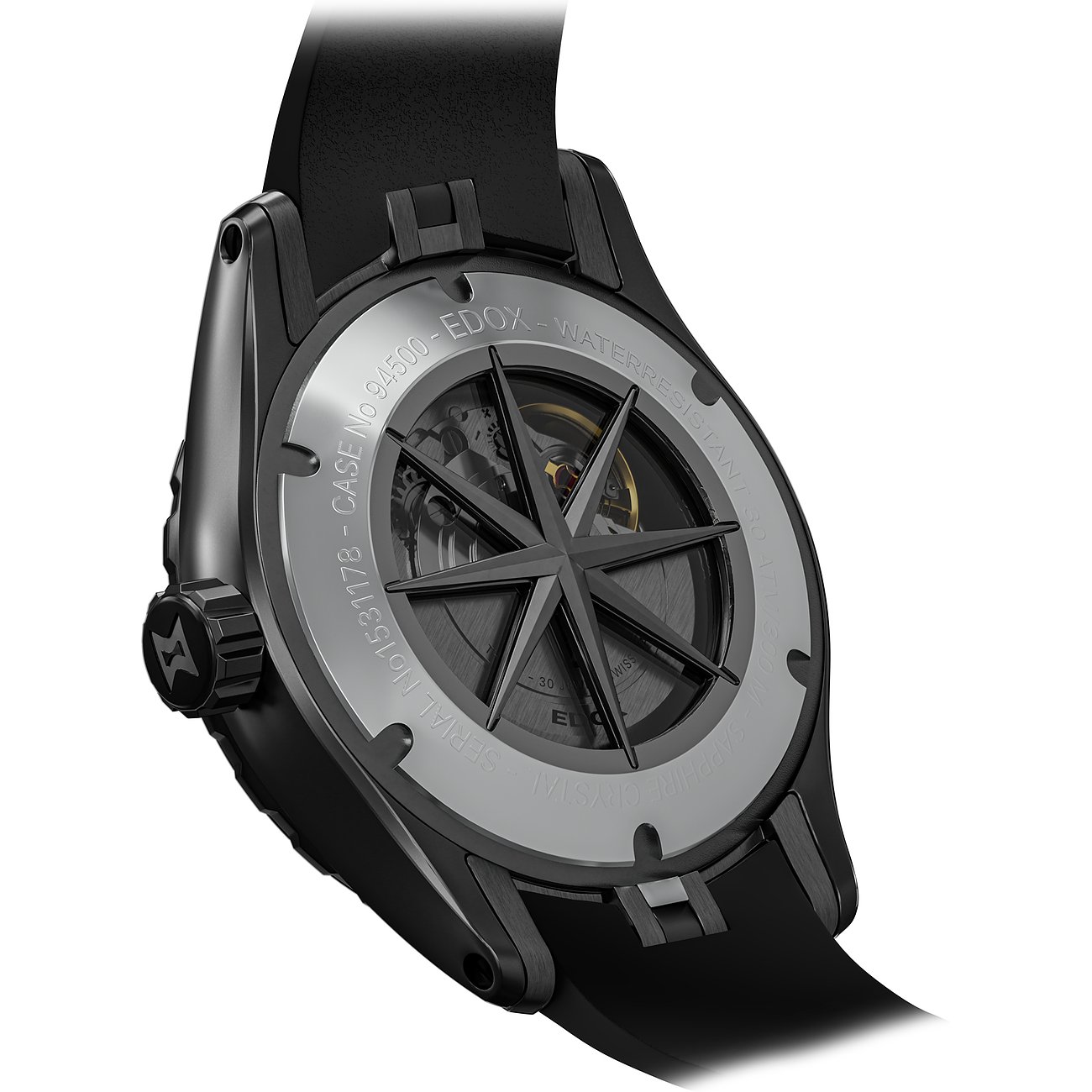 Die Rückseite einer Edox Herrenuhr aus Edelstahl und Aluminium mit Kompassrose und sichtbarem Uhrwerk.