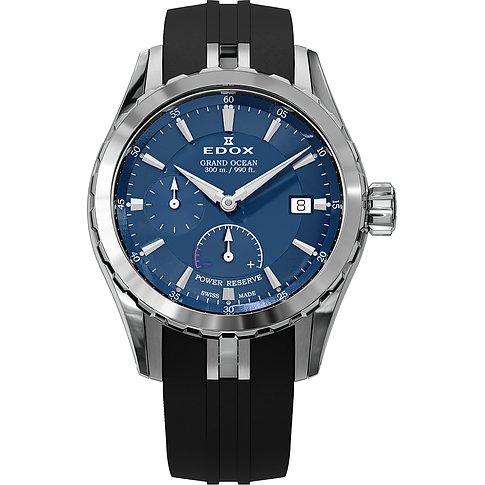 Die Edox GRAND OCEAN Herrenuhr aus silberfarbenem Edelstahl und Aluminium mit blauem Zifferblatt und schwarzem Armband.