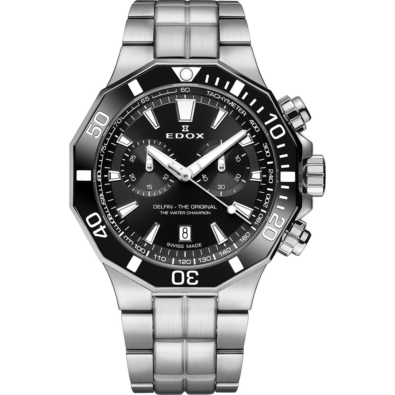 Eine Herrenuhr von Edox aus Edelstahl mit Aluminium, die ein schwarzes Zifferblatt und ein silbernes Gliederarmband hat.