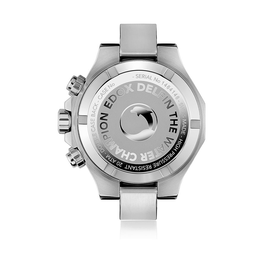 Rückseite einer Edox Herrenuhr aus Edelstahl und Aluminium mit eingraviertem Delfin-Logo und Text.