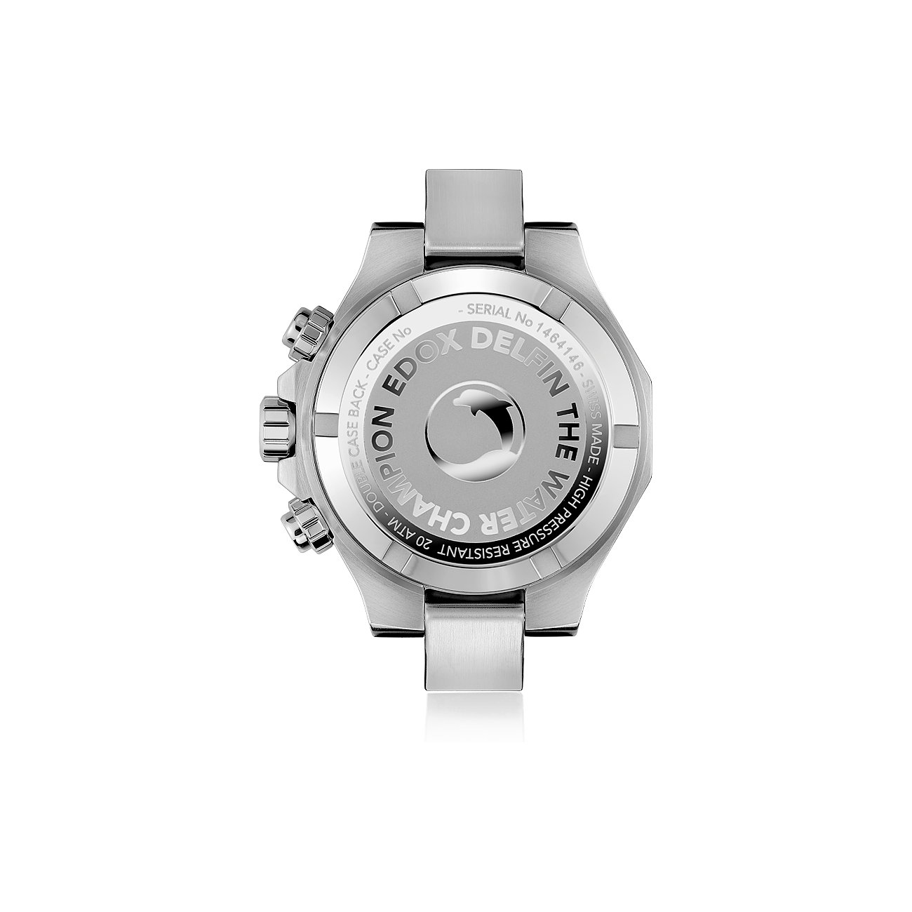 Rückseite einer Edox Herrenuhr aus Edelstahl und Aluminium mit eingraviertem Delfin-Logo und Text.