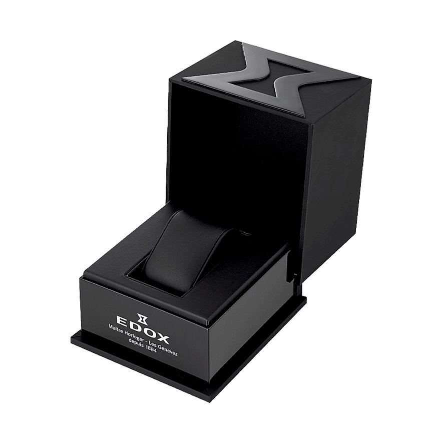 Offene, schwarze Edox Geschenkbox für Herrenuhren mit dem Markenlogo auf dem Deckel und an der Vorderseite.