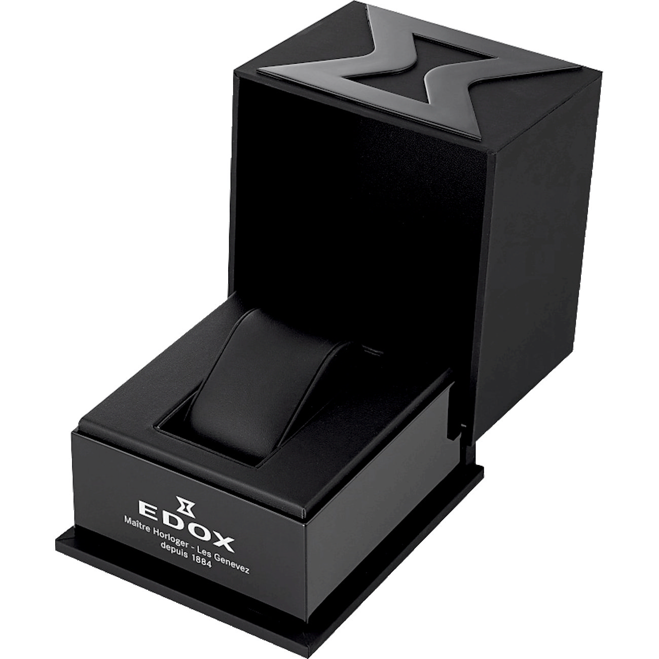 Offene, schwarze Edox Geschenkbox für Herrenuhren mit dem Markenlogo auf dem Deckel und an der Vorderseite.
