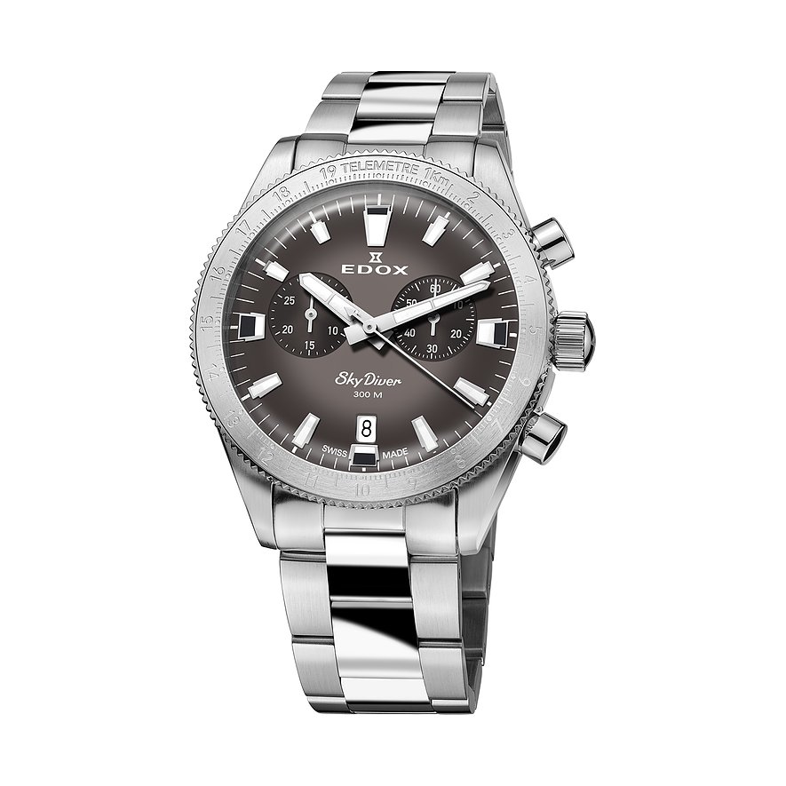 Die Edox SkyDiver Herrenuhr aus silberfarbenem Edelstahl und Aluminium mit dunkelgrauem Zifferblatt.