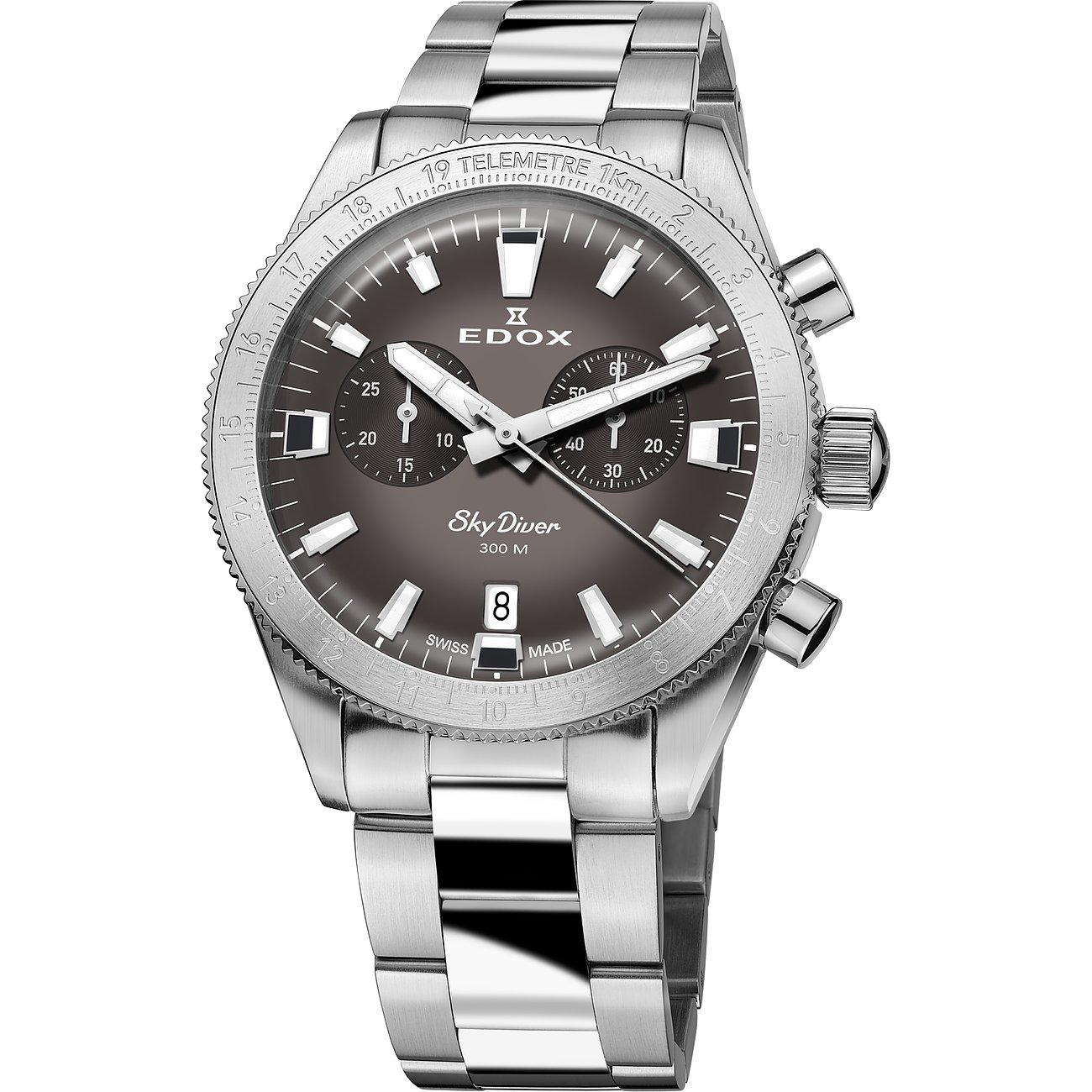 Die Edox SkyDiver Herrenuhr aus silberfarbenem Edelstahl und Aluminium mit dunkelgrauem Zifferblatt.
