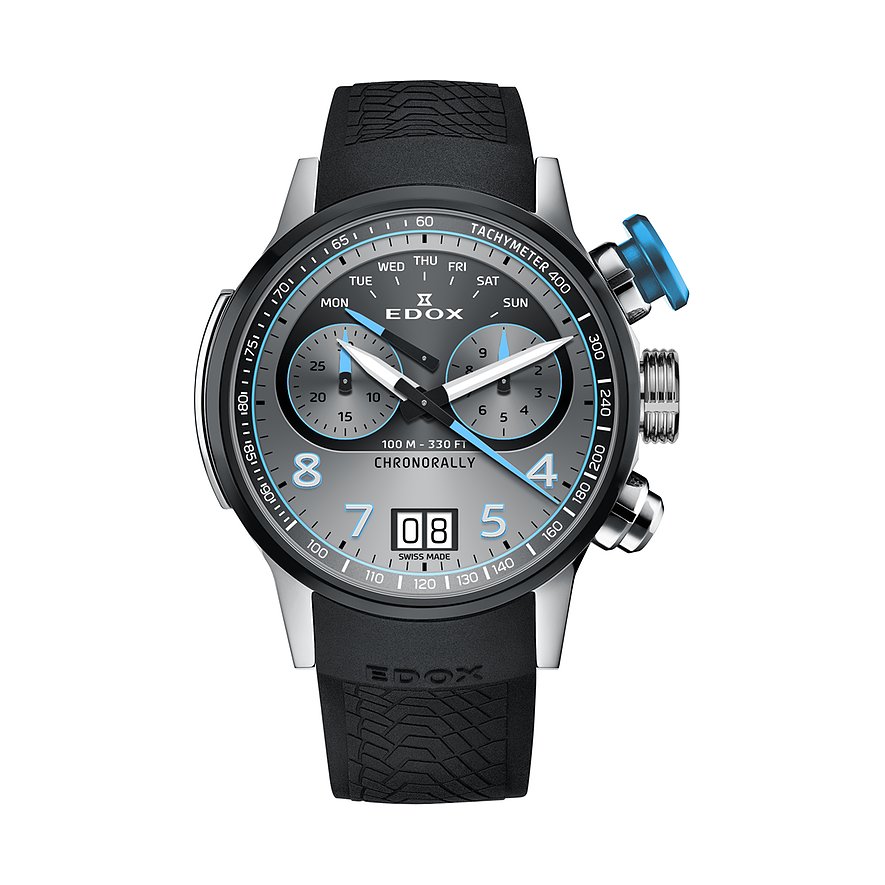 Edox Herrenuhr Chronorally aus Titan und Aluminium mit schwarzem Armband und grauem Zifferblatt, frontale Ansicht.