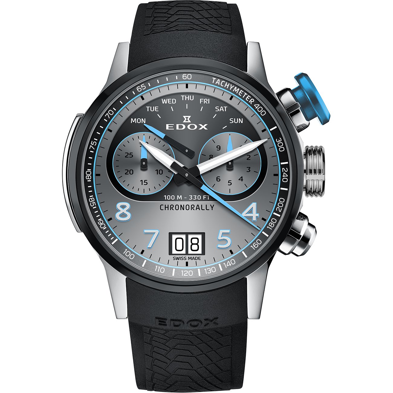 Edox Herrenuhr Chronorally aus Titan und Aluminium mit schwarzem Armband und grauem Zifferblatt, frontale Ansicht.