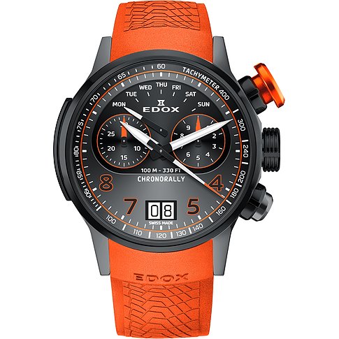Edox Herrenuhr Chronorally aus Titan und Aluminium mit schwarzem Zifferblatt und leuchtend orangefarbenem Armband.