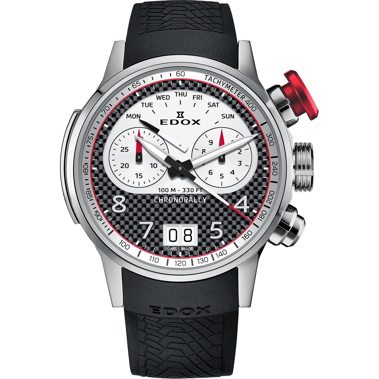 Edox Chronorally Set mit Chronographenuhr aus Titan und Aluminium sowie schwarzem Kautschukarmband.