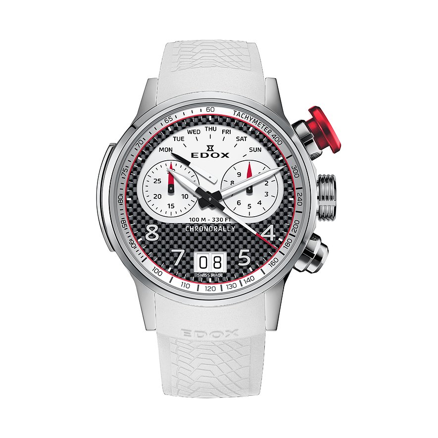 Eine Edox Chronorally Uhr aus Titan und Aluminium mit weißem Armband, schwarzen und weißen Zifferblatt-Details.