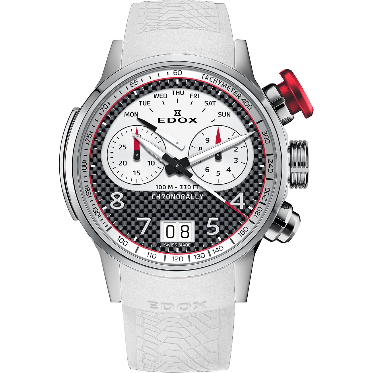 Eine Edox Chronorally Uhr aus Titan und Aluminium mit weißem Armband, schwarzen und weißen Zifferblatt-Details.