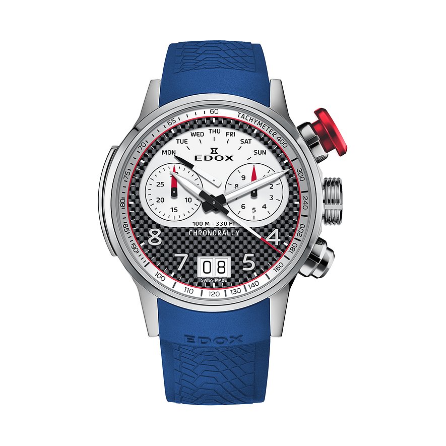 Edox Chronorally Uhr aus Titan und Aluminium mit blauem Armband und weiß-schwarzem Zifferblatt.