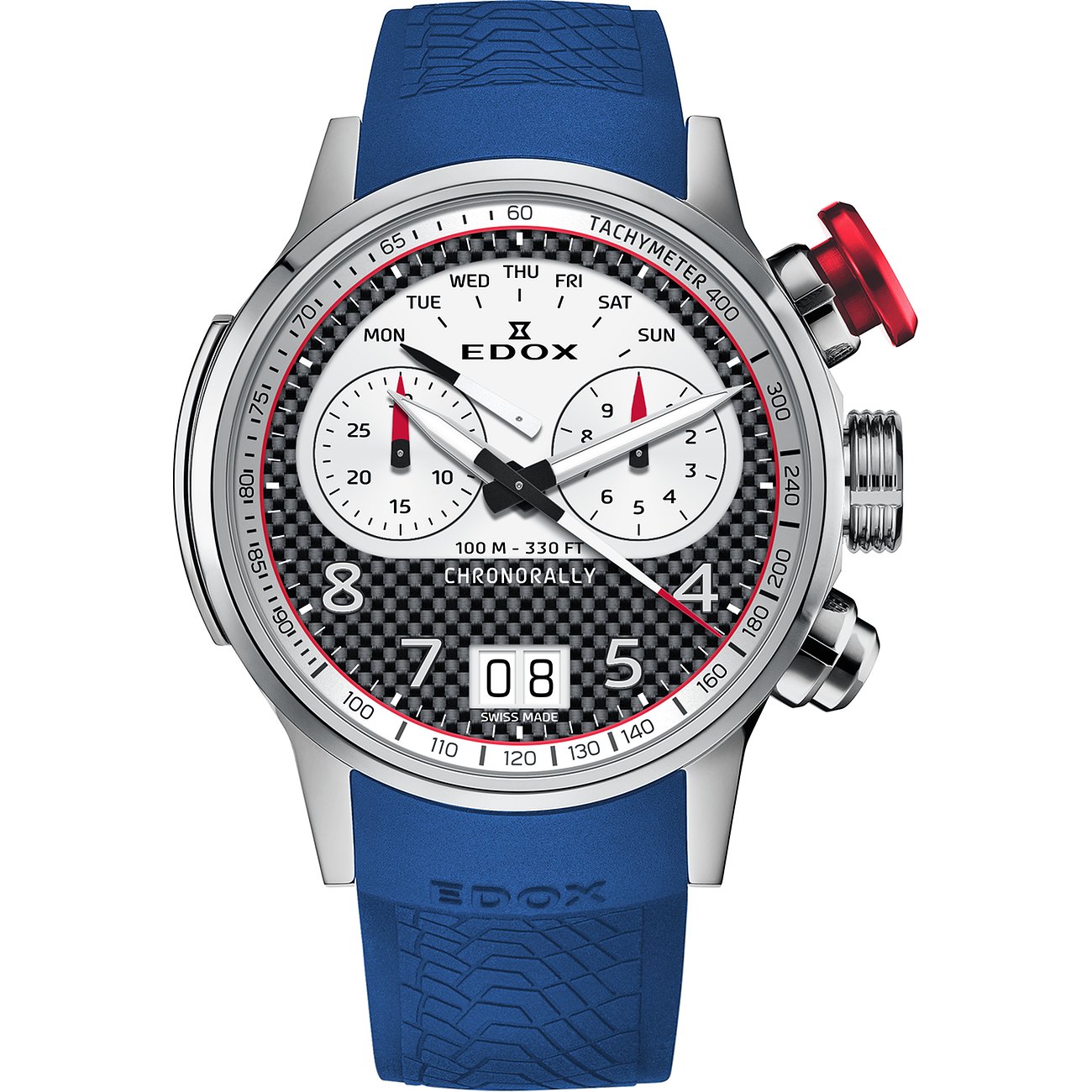 Edox Chronorally Uhr aus Titan und Aluminium mit blauem Armband und weiß-schwarzem Zifferblatt.