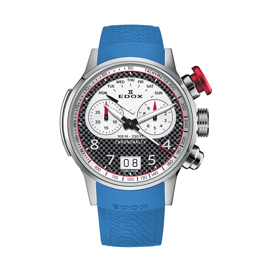 Die Edox Uhr aus Titan und Aluminium hat ein weißes Zifferblatt mit schwarzen Akzenten und ein blaues Armband.