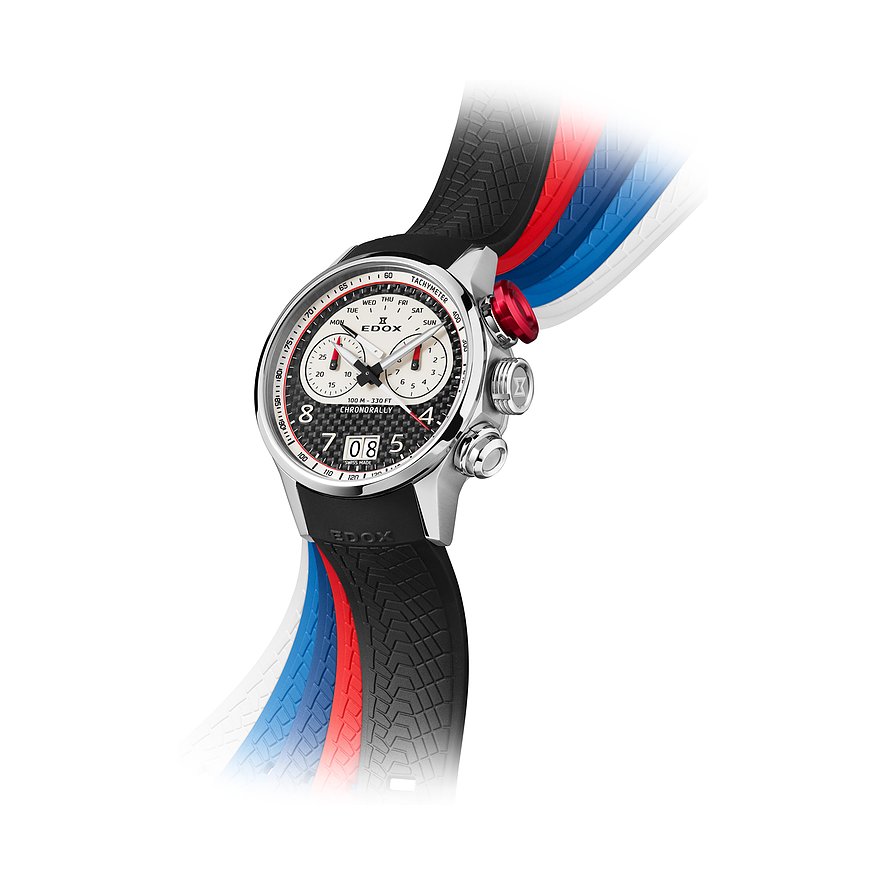 Eine Edox Chronorally Uhr aus Titan und Aluminium mit schwarzem Zifferblatt und bunten Akzenten am Silikonarmband.
