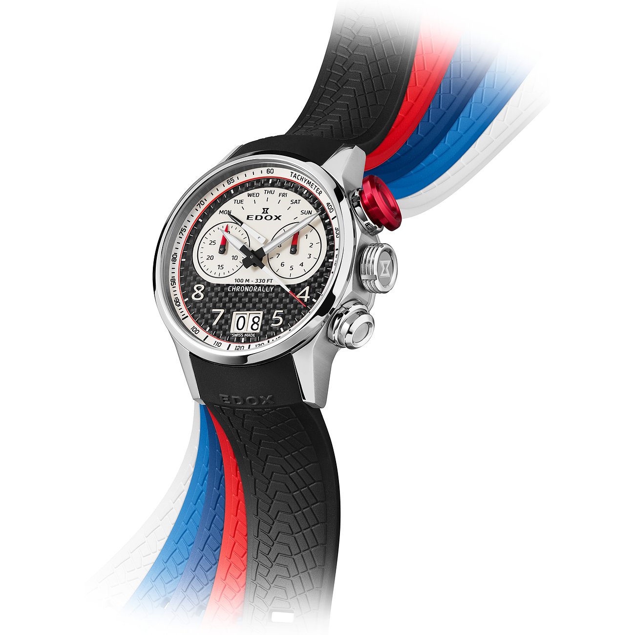 Eine Edox Chronorally Uhr aus Titan und Aluminium mit schwarzem Zifferblatt und bunten Akzenten am Silikonarmband.