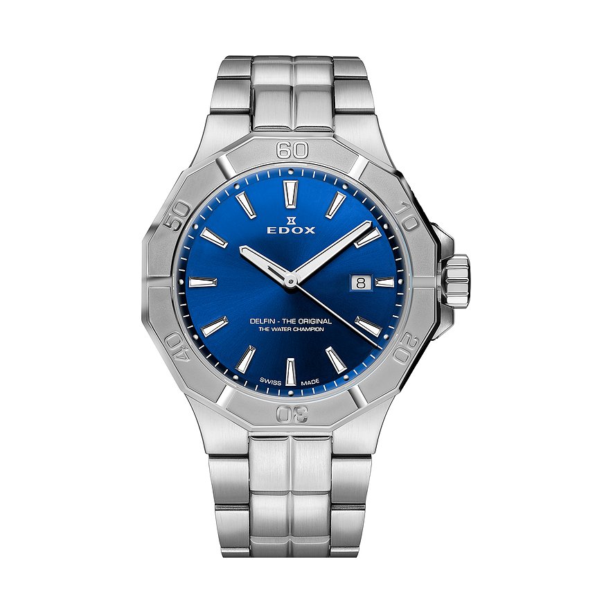 Die Edox Herrenuhr aus Edelstahl und Aluminium Details zeigt ein blaues Zifferblatt mit Datumsanzeige.
