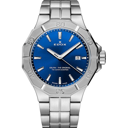 Die Edox Herrenuhr aus Edelstahl und Aluminium Details zeigt ein blaues Zifferblatt mit Datumsanzeige.