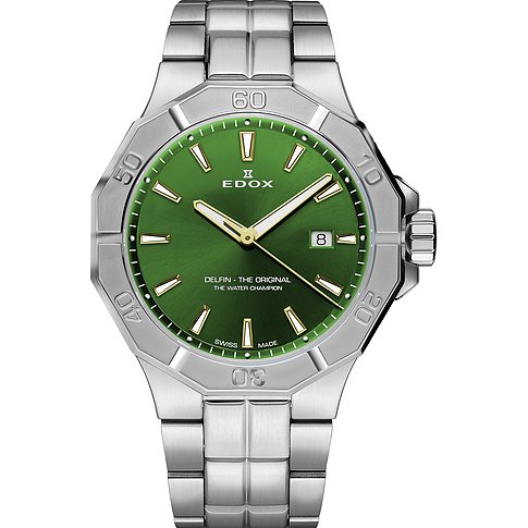 Edox Herrenuhr aus Edelstahl mit grünem Zifferblatt und silberfarbenem Aluminiumring.