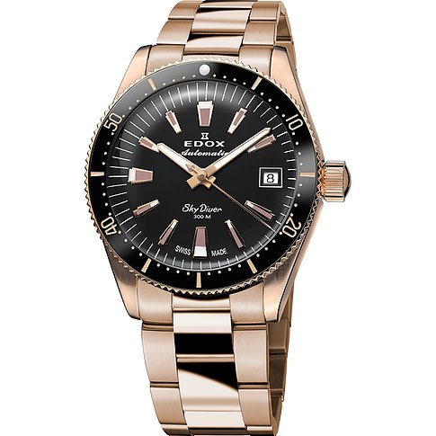 Edox Herrenuhr aus roségoldfarbenem Edelstahl und Aluminium mit schwarzem Zifferblatt und Datumsanzeige.