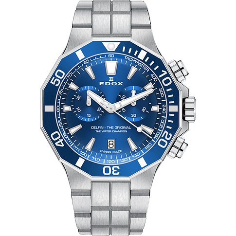 Eine Edox Herrenuhr aus Edelstahl und Keramik mit blauem Zifferblatt und silbernem Armband, zentriert auf weißem Hintergrund.