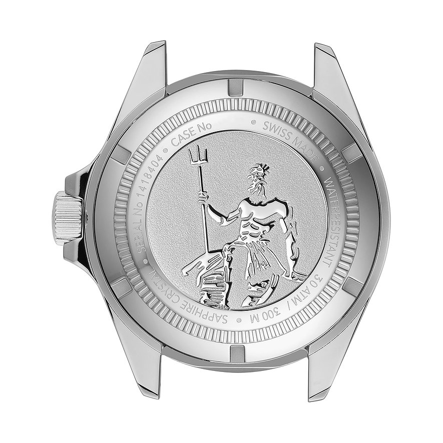 Nahaufnahme des blauen Zifferblatts einer Edox Herrenuhr aus Edelstahl und Keramik, mit Tachymeter und Chronograph.