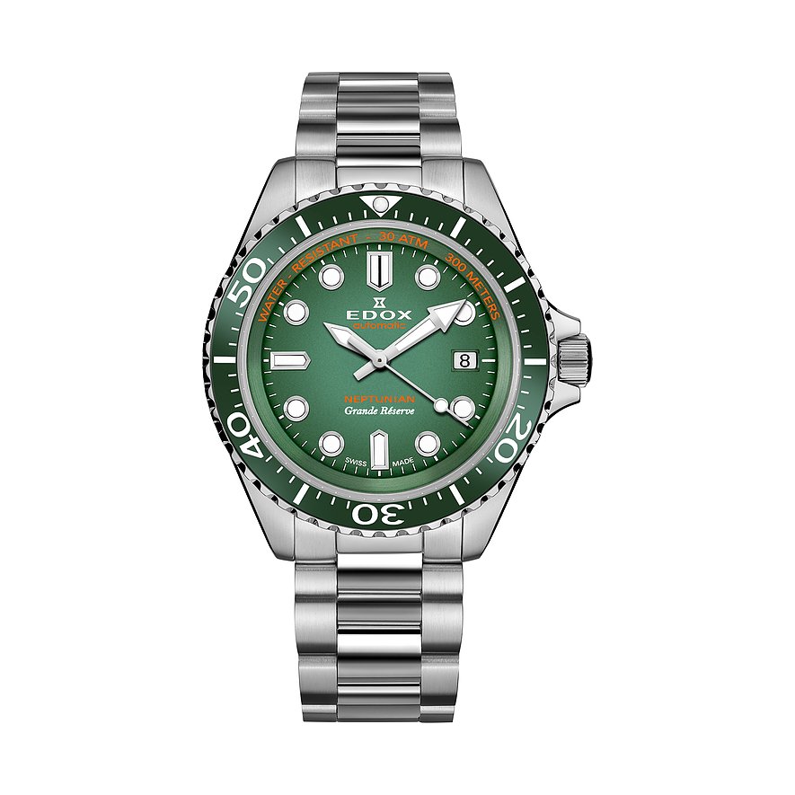 Die Edox Herrenuhr aus Edelstahl und Keramik zeigt ein grünes Zifferblatt und ein silbernes Gliederarmband.
