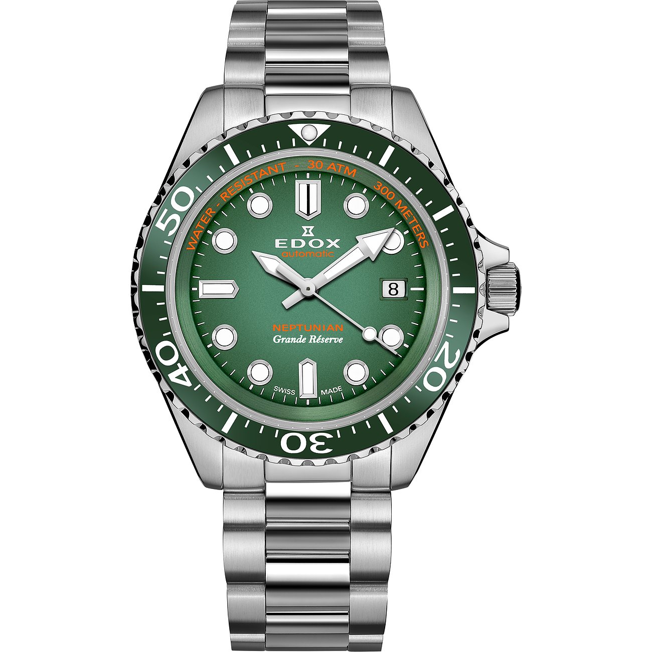 Die Edox Herrenuhr aus Edelstahl und Keramik zeigt ein grünes Zifferblatt und ein silbernes Gliederarmband.