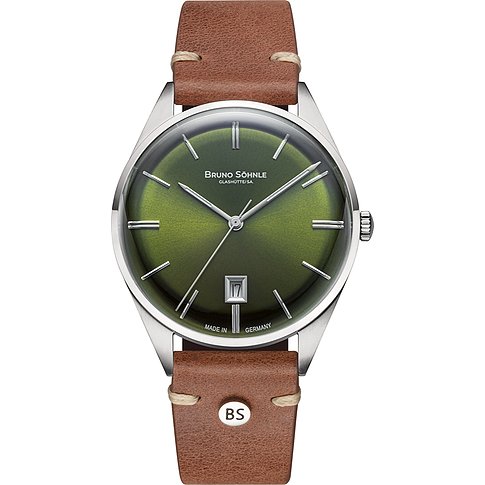 Eine Bruno Söhnle Unisexuhr aus Edelstahl mit braunem Lederarmband und einem dunkelgrünen Zifferblatt.