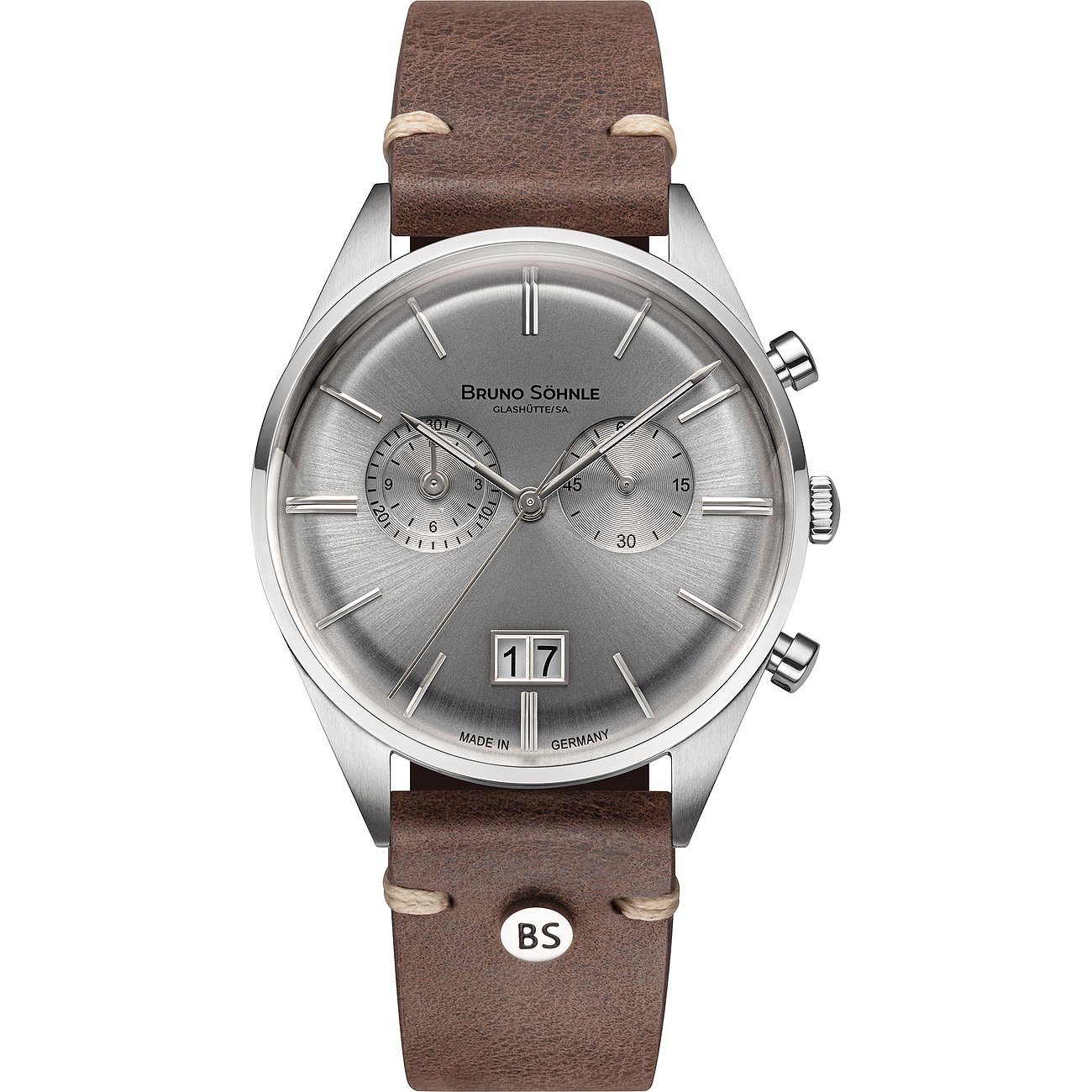 Bruno Söhnle Unisexuhr aus mattem Edelstahl mit silbernem Zifferblatt und Chronographenzählern. Braunes Lederarmband mit „BS“-Prägung.