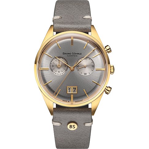 Eine Bruno Söhnle Unisexuhr aus goldenem Edelstahl mit grauem Zifferblatt und passendem Lederarmband