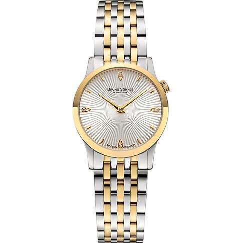 Bruno Söhnle Damenuhr aus Edelstahl von vorne mit silbernem Zifferblatt und goldfarbenen Details.