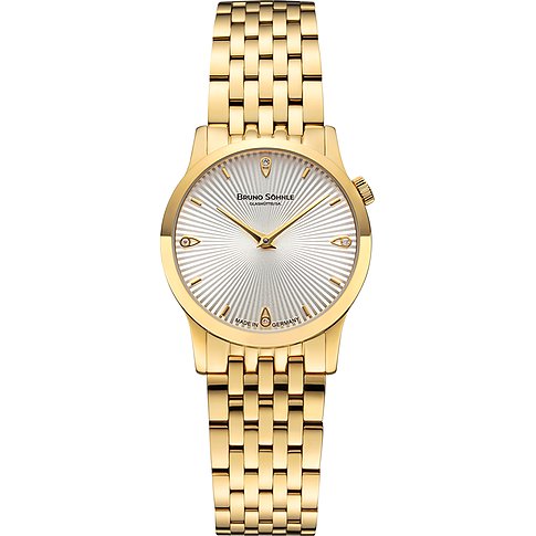 Eine Damenuhr von Bruno Söhnle aus goldfarbenem Edelstahl mit silbernem Zifferblatt und feinen Zeigern.