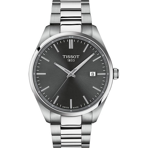 Tissot Herrenuhr aus Edelstahl mit dunklem Zifferblatt, Datumsanzeige und silbernen Zeigern.