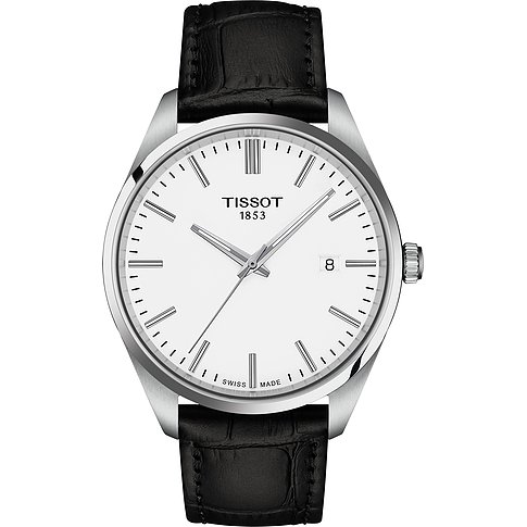 Die Tissot Herrenuhr aus Edelstahl zeigt ein weißes Zifferblatt mit Datumsanzeige und ein schwarzes Lederarmband.