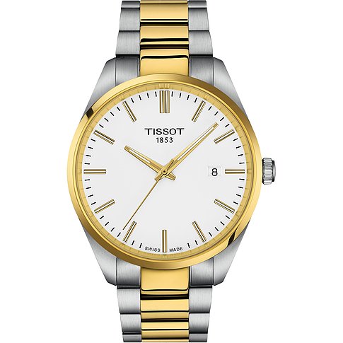 Tissot Herrenuhr aus Edelstahl in Gold und Silber, mit weißem Zifferblatt und Datumsanzeige.