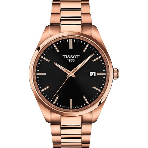 Tissot Herrenuhr aus rosévergoldetem Edelstahl mit schwarzem Zifferblatt und Datumsanzeige, leicht versetzt von vorne.