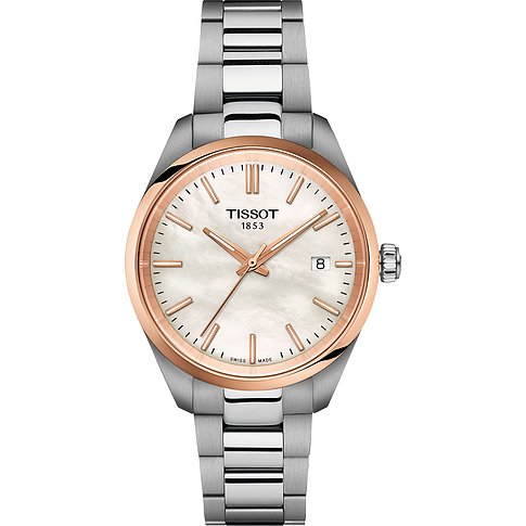 Tissot Unisexuhr aus Edelstahl mit silbernem Gehäuse, Band und Lünette in Roségold und Perlmuttzifferblatt.