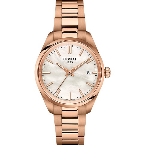Tissot Unisexuhr aus roségoldenem Edelstahl mit weißem Zifferblatt und Datumsanzeige.