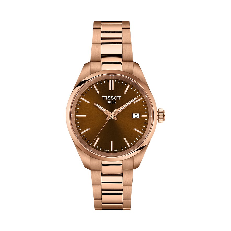 Tissot Unisexuhr aus Edelstahl in Roségold mit braunem Zifferblatt und Datumsanzeige.