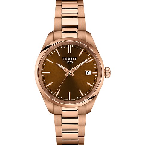 Tissot Unisexuhr aus Edelstahl in Roségold mit braunem Zifferblatt und Datumsanzeige.